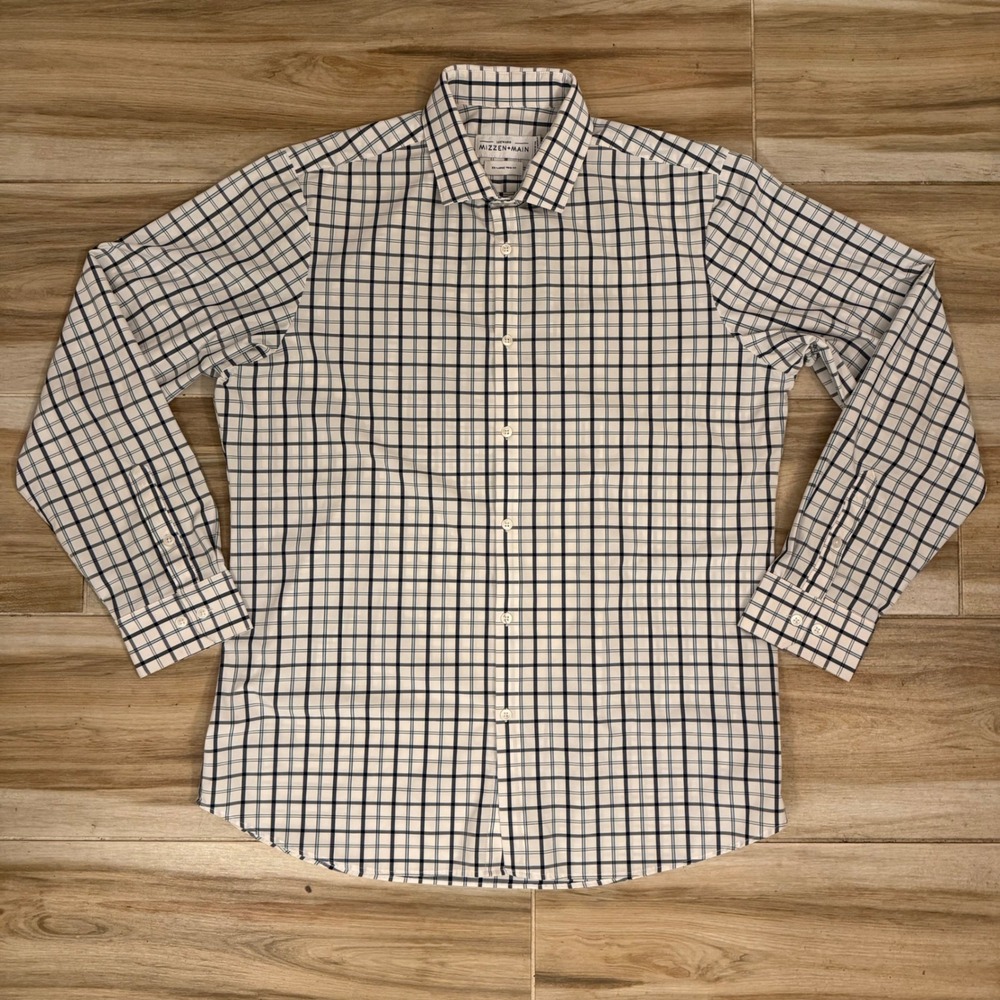Mizzen Main Leeward Mens XXL Trim Fit Blue Check Performance Button Down Shirt‎
